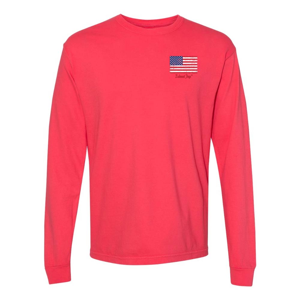 Red Long sleeve T-Shirt with American Flag graphic on Top left chest.