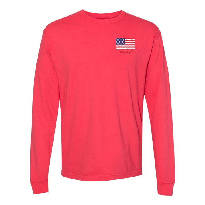 Red Long sleeve T-Shirt with American Flag graphic on Top left chest.