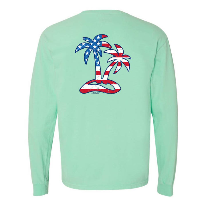 Light green Long sleeve T-Shirt with American Flag graphic in the shape of two palm trees titled "Tropical Americana".