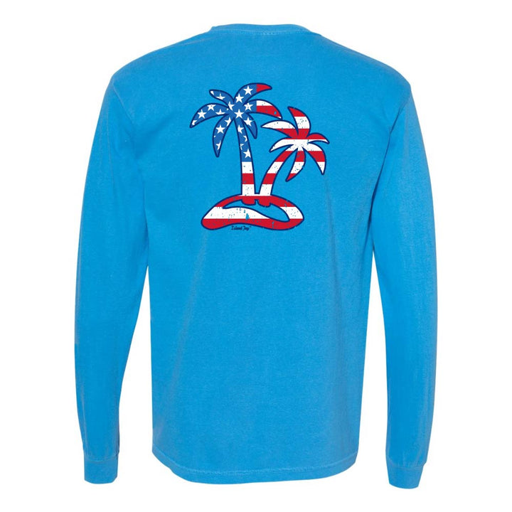 Blue Long sleeve T-Shirt with American Flag graphic in the shape of two palm trees titled "Tropical Americana".