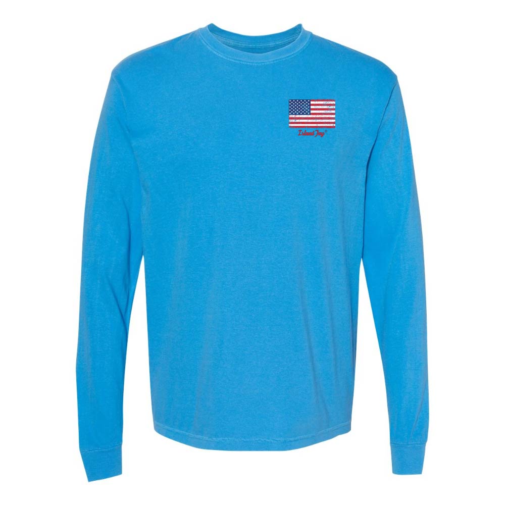 Blue Long sleeve T-Shirt with American Flag graphic on Top left chest.