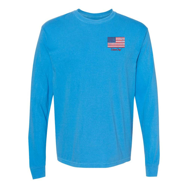 Blue Long sleeve T-Shirt with American Flag graphic on Top left chest.
