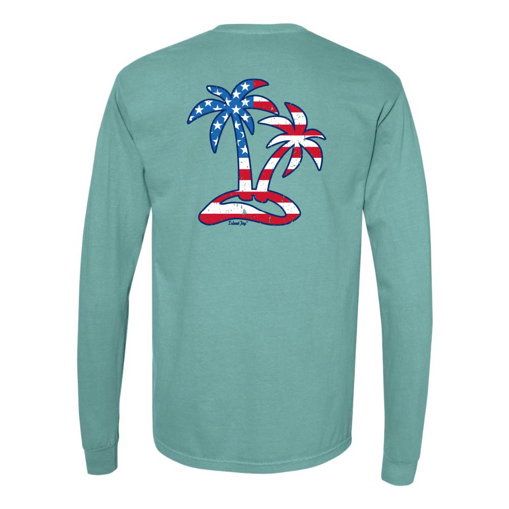 Teal Long sleeve T-Shirt with American Flag graphic in the shape of two palm trees titled "Tropical Americana".