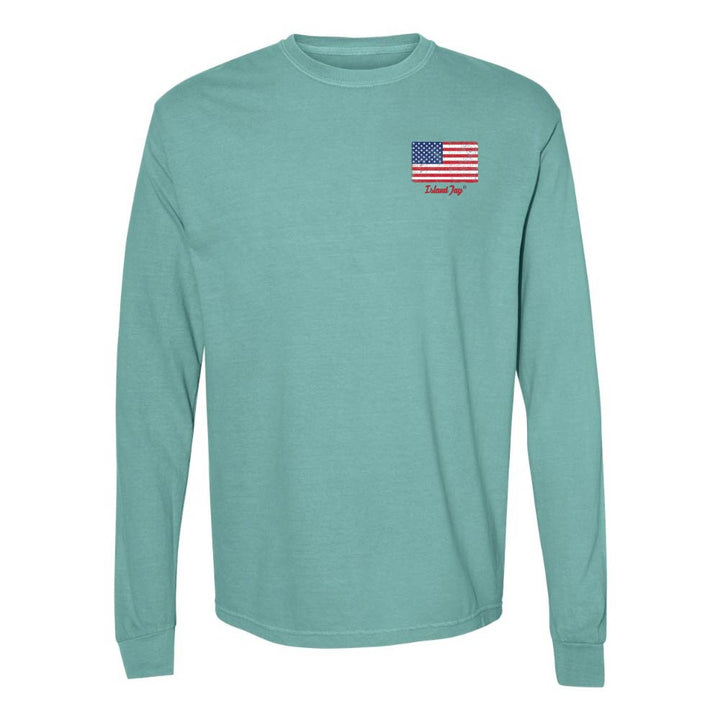 Teal Long sleeve T-Shirt with American Flag graphic on Top left chest.
