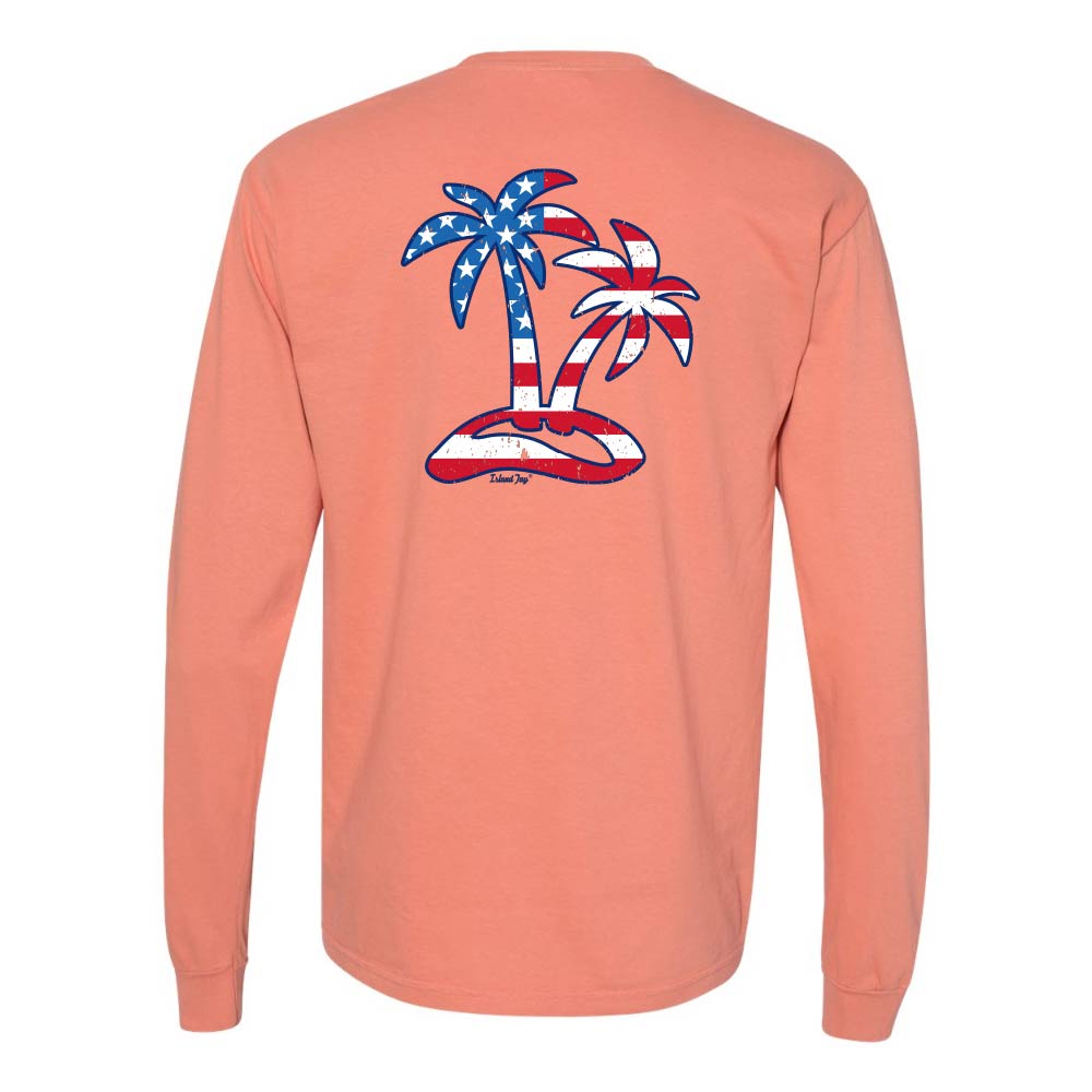 Light Orange Long sleeve T-Shirt with American Flag graphic in the shape of two palm trees titled "Tropical Americana".