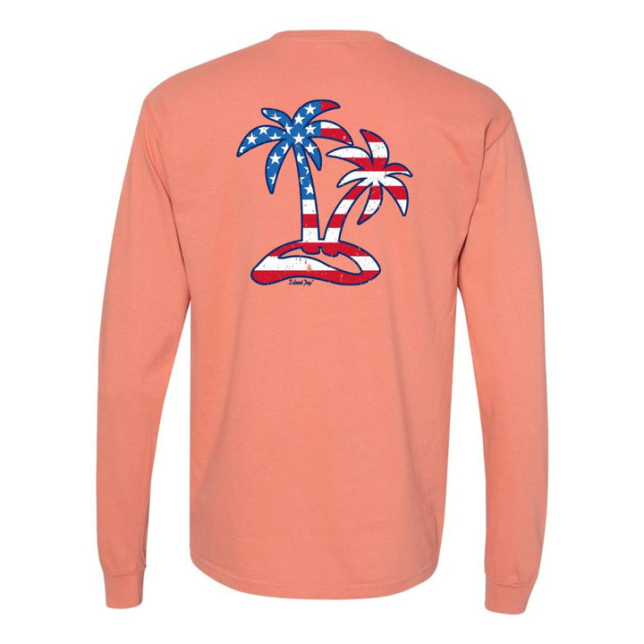 Light Orange Long sleeve T-Shirt with American Flag graphic in the shape of two palm trees titled "Tropical Americana".