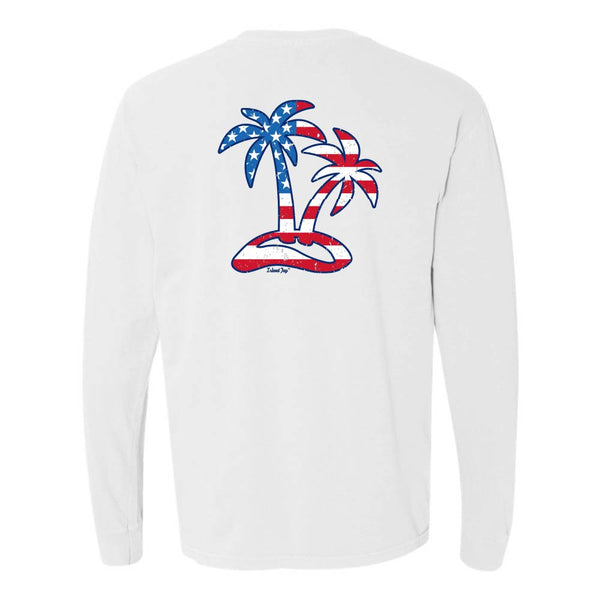 White Long sleeve T-Shirt with American Flag graphic in the shape of two palm trees titled "Tropical Americana".