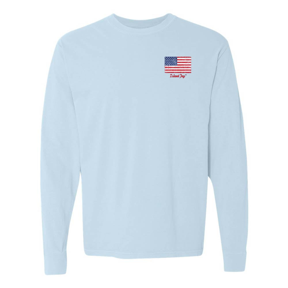 Light Blue Long sleeve T-Shirt with American Flag graphic on Top left chest.