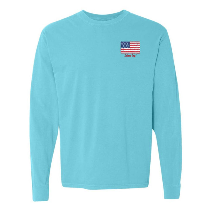 Light Blue Long sleeve T-Shirt with American Flag graphic on Top left chest.