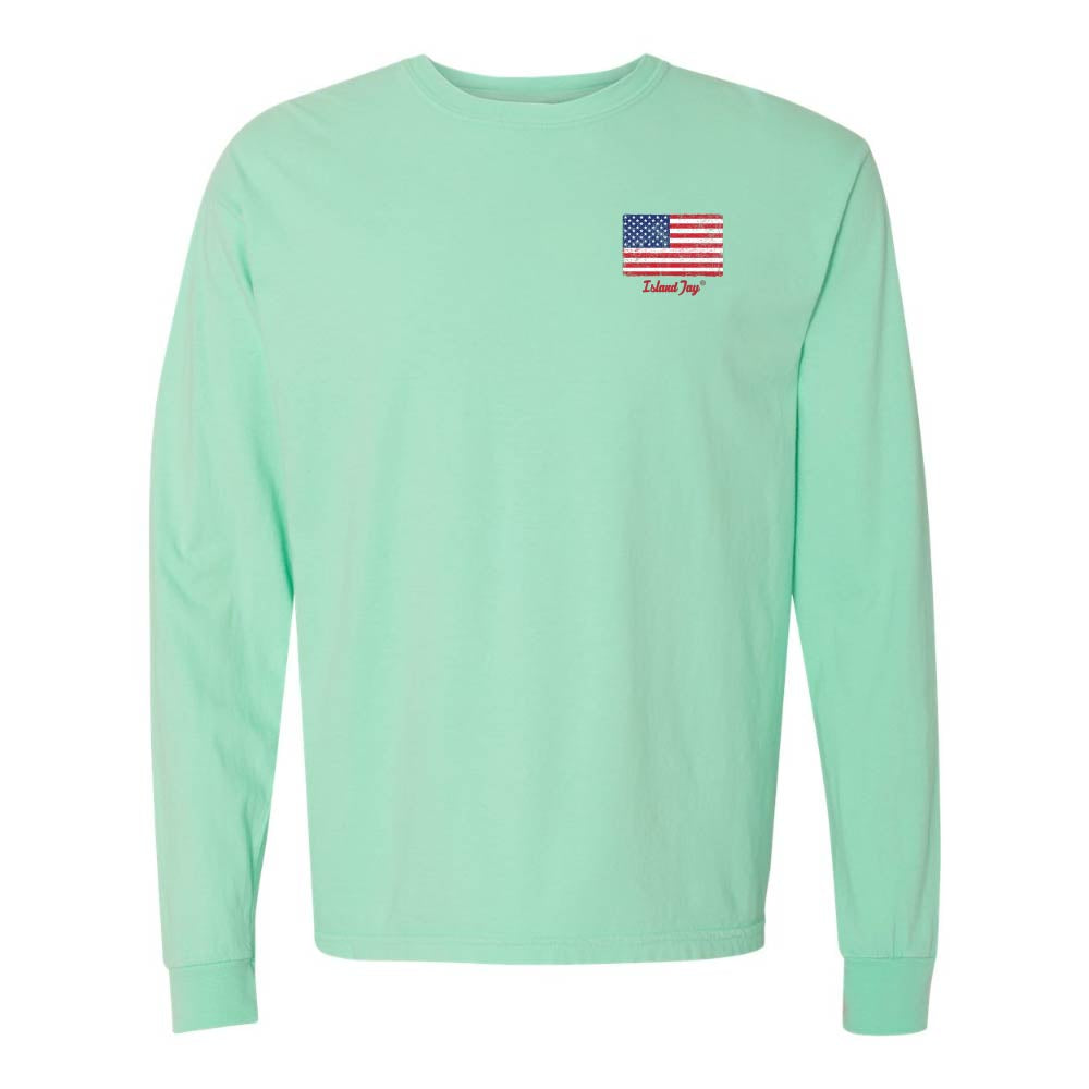 Light Green Long sleeve T-Shirt with American Flag graphic on Top left chest.