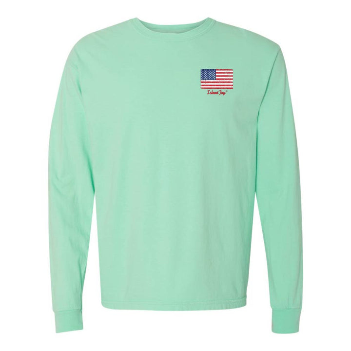 Light Green Long sleeve T-Shirt with American Flag graphic on Top left chest.