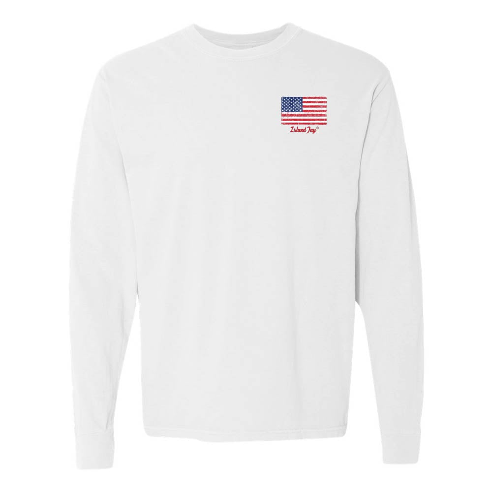 White Long sleeve T-Shirt with American Flag graphic on Top left chest.