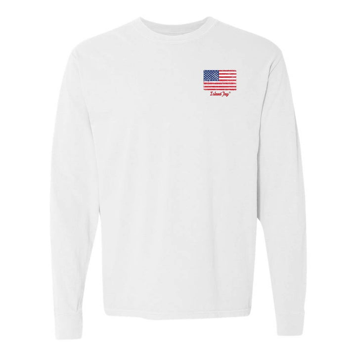 White Long sleeve T-Shirt with American Flag graphic on Top left chest.
