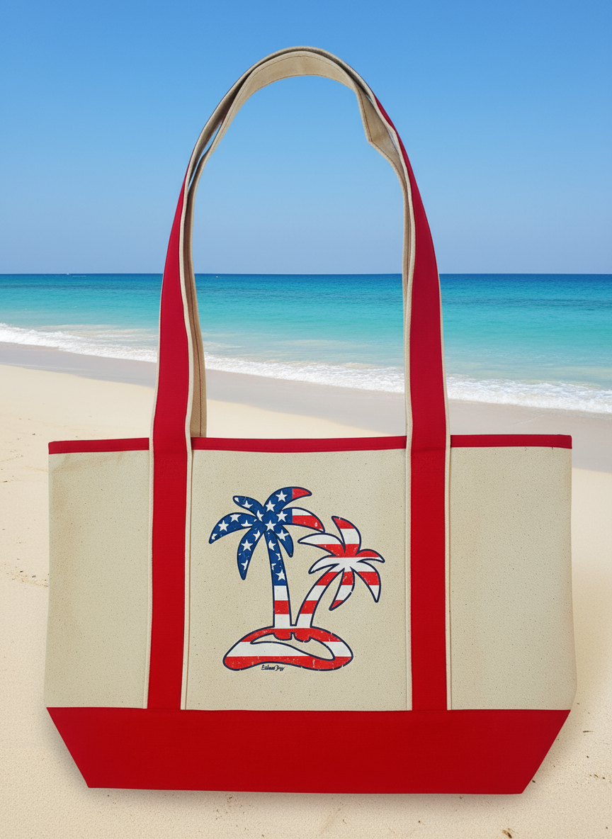 Beige tote bag with red accents and palm tree design on a beach