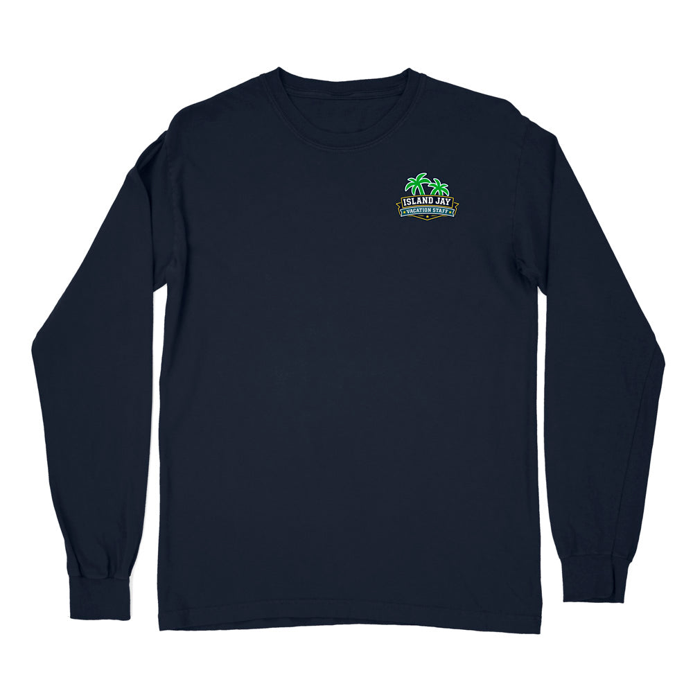 A navy blue long-sleeve t-shirt with a small 'Islands of Maine' graphic printed on the left chest, displayed on a clean white background.