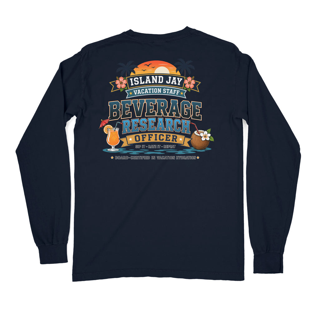 A navy blue long-sleeve t-shirt shown from the back, featuring a colorful graphic print that reads 'ISLAND JAY VACATION STAFF BEVERAGE RESEARCH OFFICER' with tropical cocktail illustrations.
