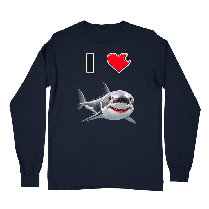 A navy long sleeve shirt with the phrase "I love shark" written with a heart icon graphic for the "love" and a cute shark graphic for the "Shark".