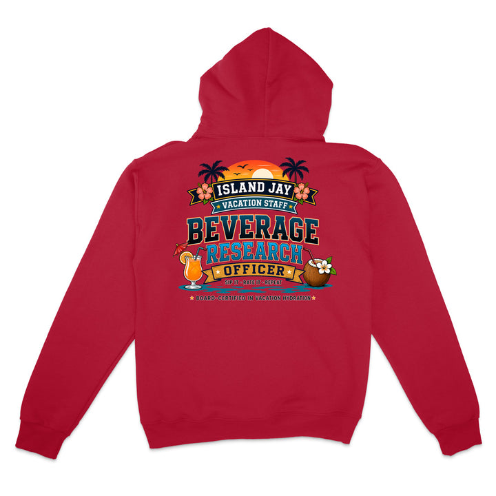A red pullover hoodie shown from the back, featuring a colorful graphic print with tropical elements and the text 'ISLAND JAY BEVERAGE RESEARCH OFFICER'.