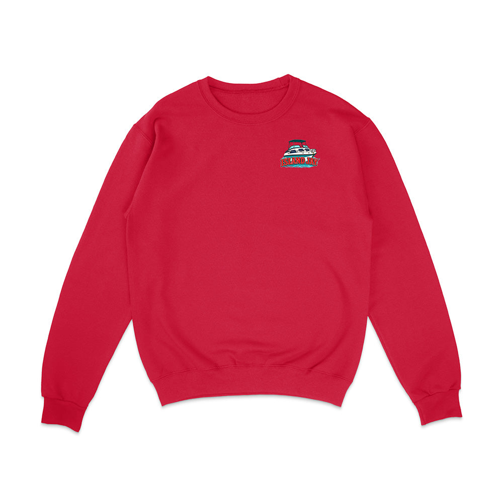 A red crewneck sweatshirt with a small graphic of a sailboat on the left chest, displayed flat against a plain white background.