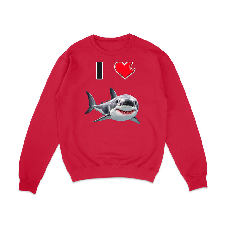 A red crewneck sweatshirt featuring a graphic print of a great white shark and the text 'I' followed by a red heart, displayed on a clean white background.
