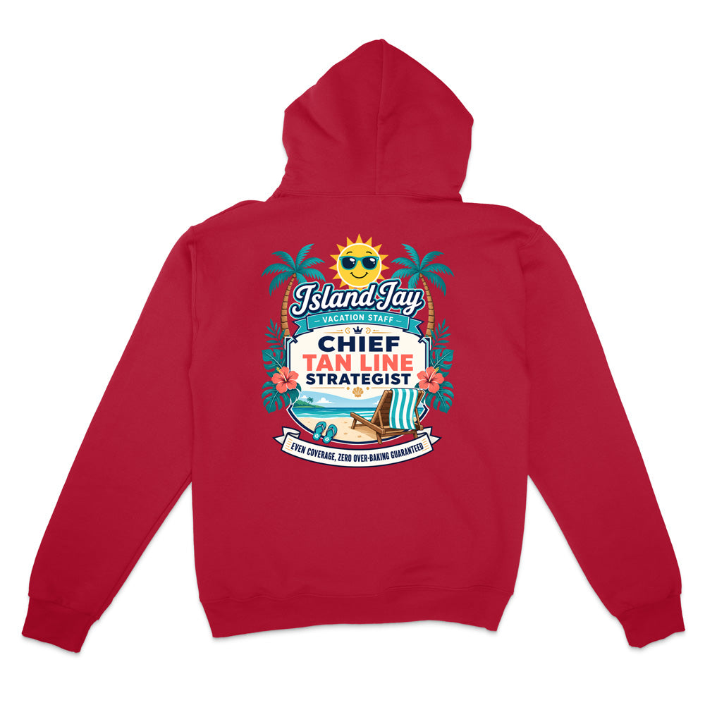 A red pullover hoodie shown from the back, featuring a colorful graphic print with a sun, palm trees, and the text 'IslandJay' and 'CHIEF TAN LINE STRATEGIST'.
