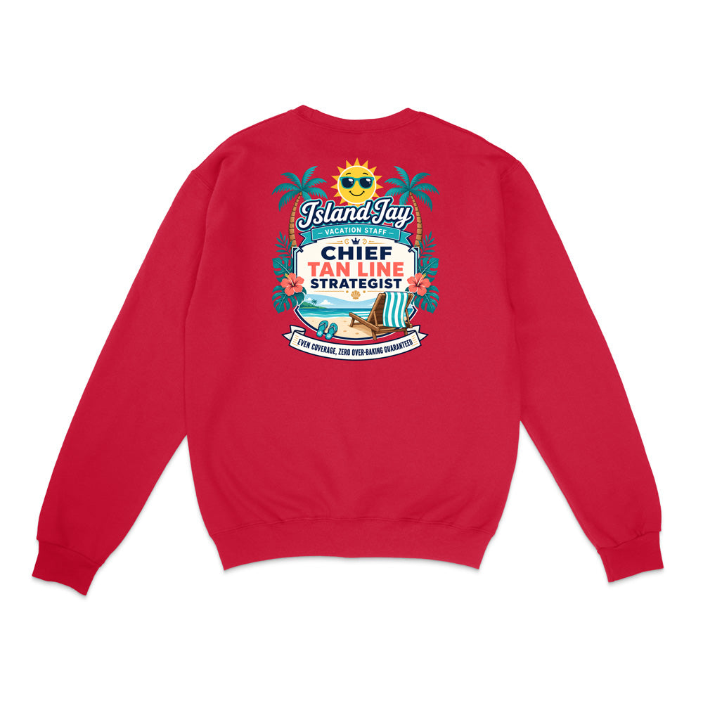 A red crewneck sweatshirt shown from the back, featuring a large colorful graphic print with palm trees, a sun, and a beach chair with the text 'IslandJay Chief Tan Line Strategist'.