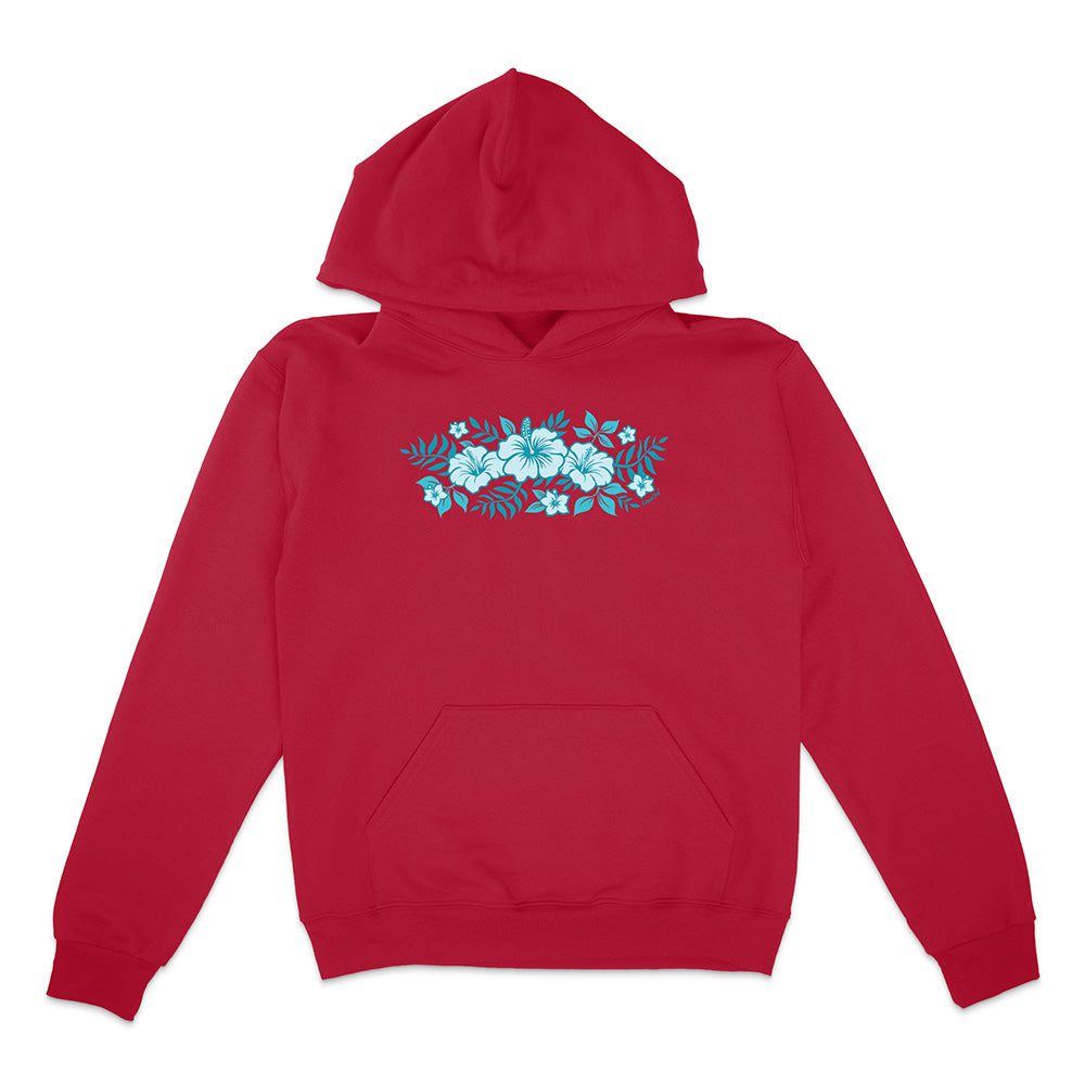 Red hoodie with blue floral design on a white background