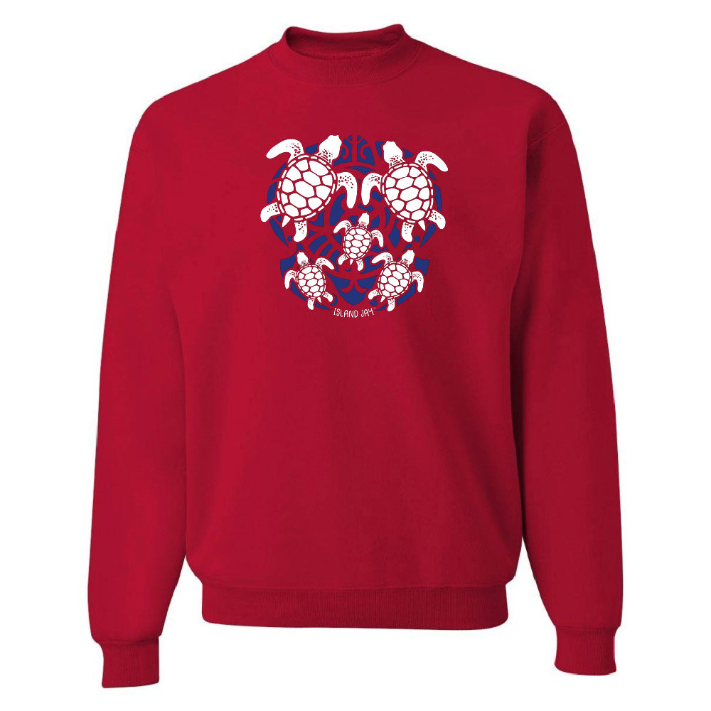 Red hoodie with a blue and white turtle graphic on a white background