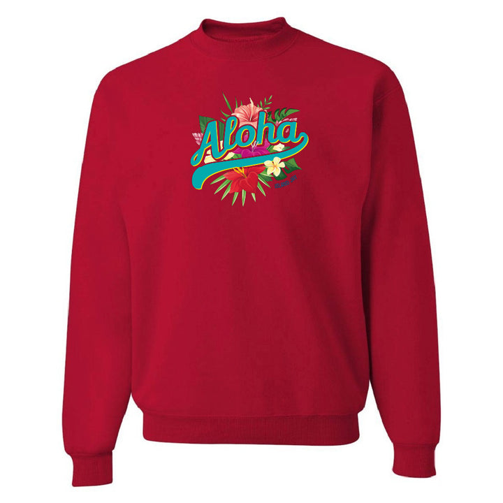 Red sweatshirt with 'Aloha' and floral design on a white background
