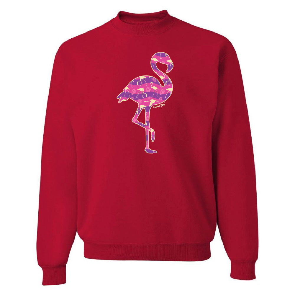 Red sweatshirt with a colorful flamingo design on a white background