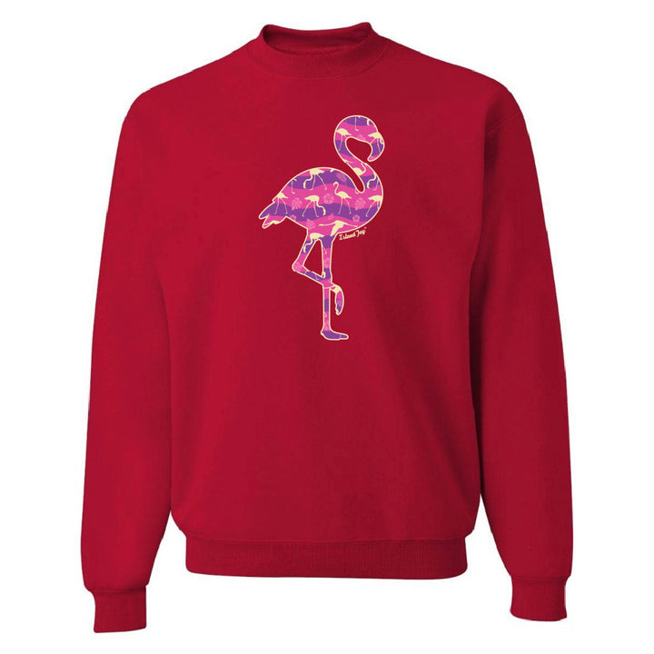 Red sweatshirt with a colorful flamingo design on a white background