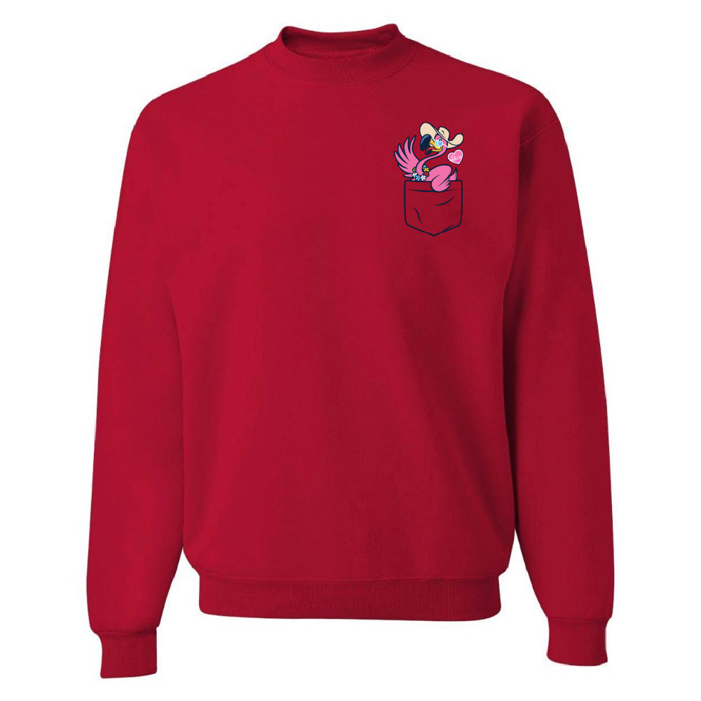 Red sweatshirt with a cartoon character in a pocket on a white background