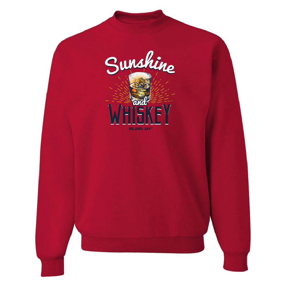 Red sweatshirt with 'Sunshine and Whiskey' text and graphic on a white background