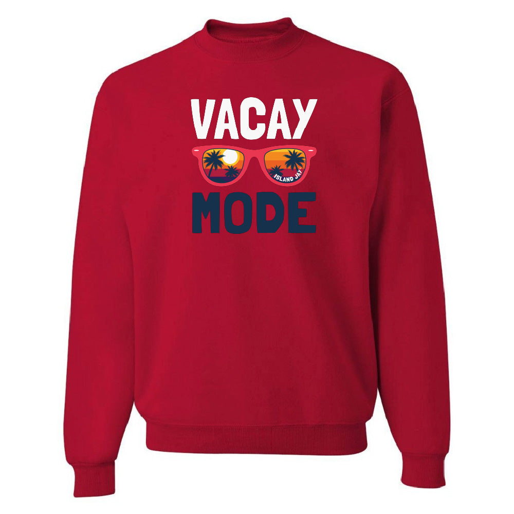 Red sweatshirt with 'VACAY MODE' text and sunglasses graphic on a white background