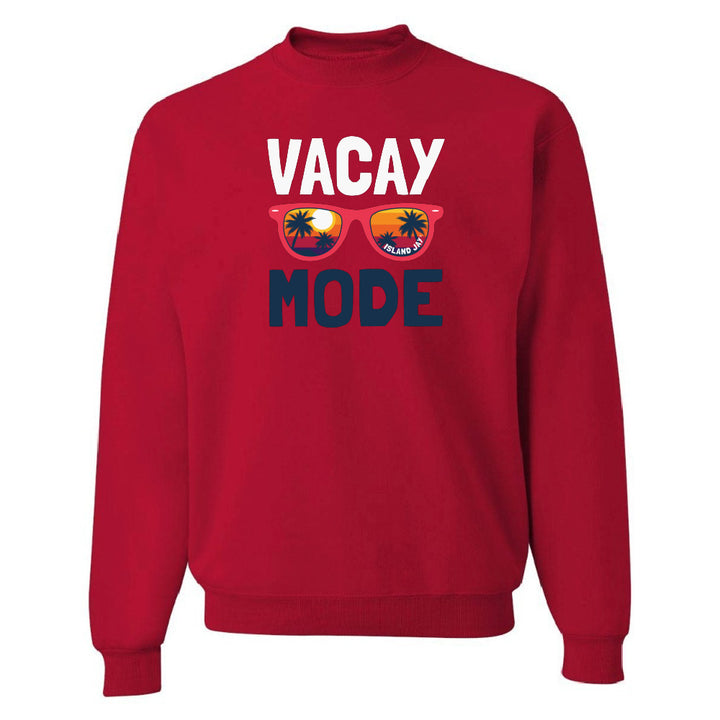 Red sweatshirt with 'VACAY MODE' text and sunglasses graphic on a white background