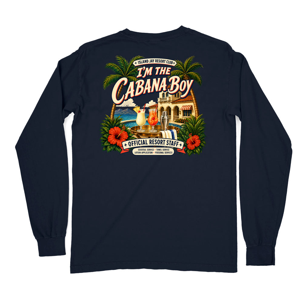 A navy blue long-sleeve t-shirt shown from the back, featuring a large, colorful graphic print with palm trees, hibiscus flowers, a beach bar scene, and the text 'I'M THE CABANA BOY' and 'OFFICIAL RESORT STAFF'.