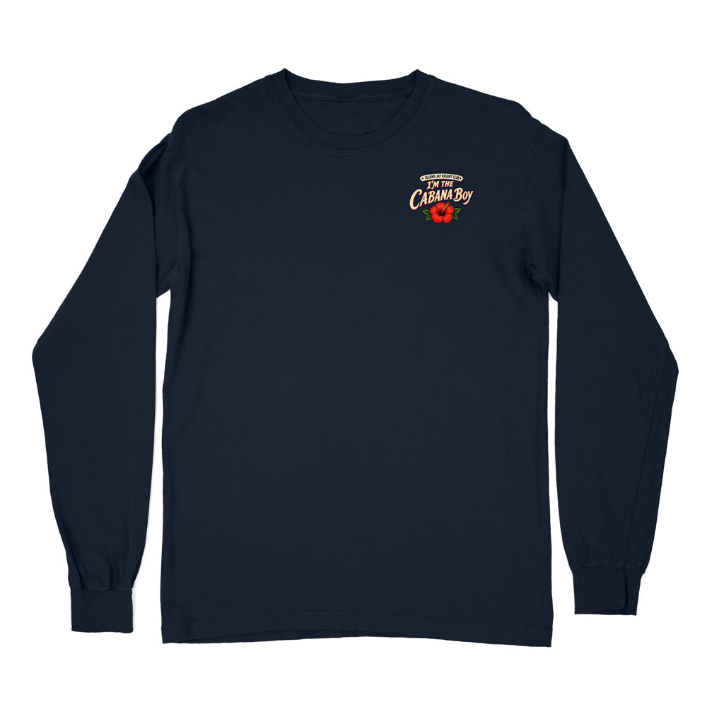 A navy blue long-sleeve t-shirt with a small graphic on the left chest that reads 'I'm So CasyBoy' in stylized lettering with a red flower underneath, displayed on a clean white background.