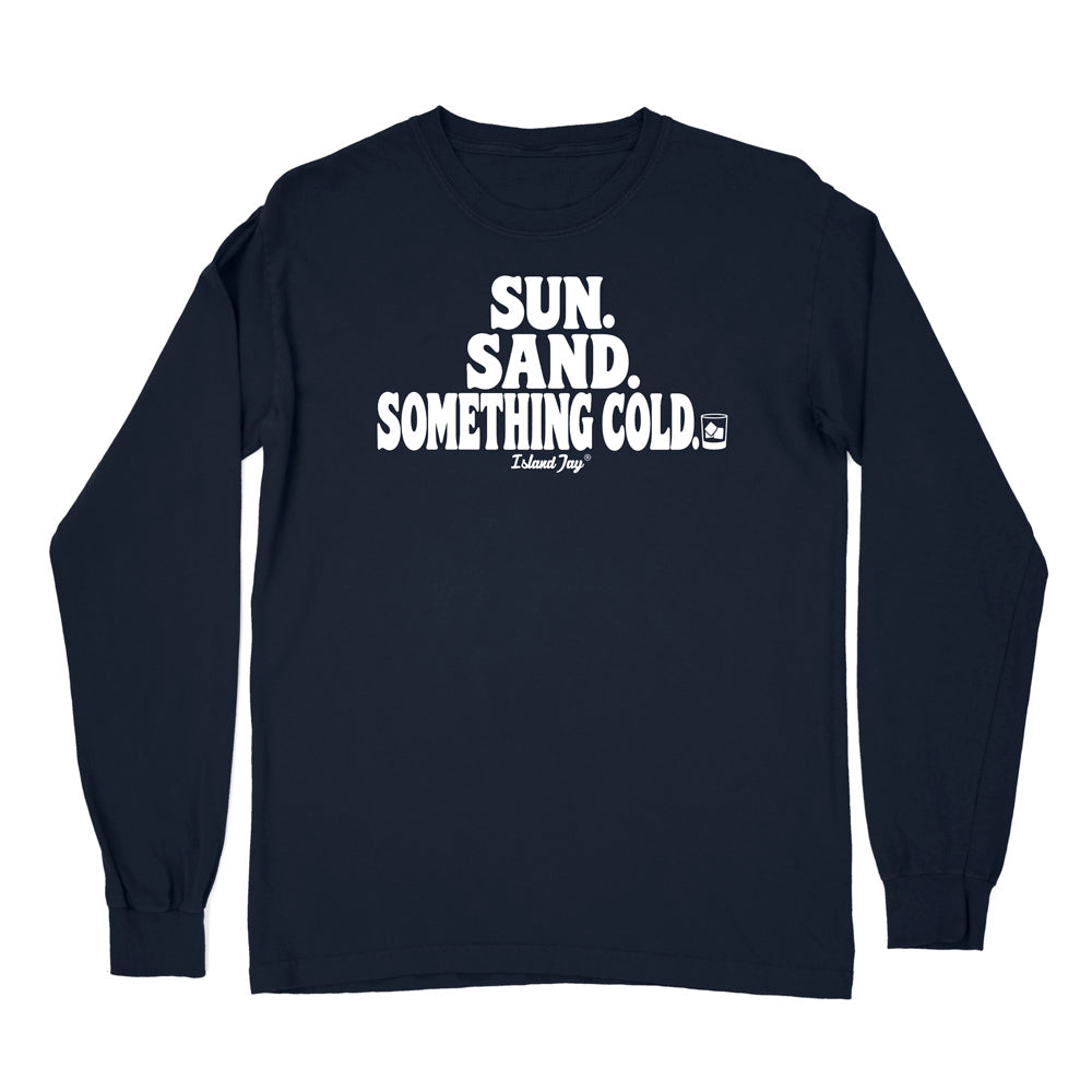 A navy blue long-sleeve t-shirt with a white graphic text print on the chest that reads 'SUN. SAND. Something cold