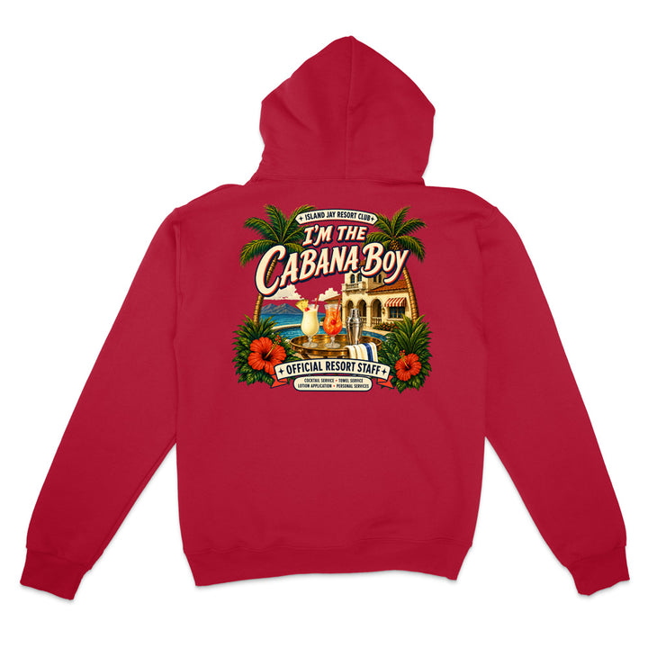 A red pullover hoodie shown from the back, featuring a large, colorful graphic print with tropical elements, palm trees, hibiscus flowers, and the text 'I'M THE CABANA BOY' and 'OFFICIAL RESORT STAFF'.