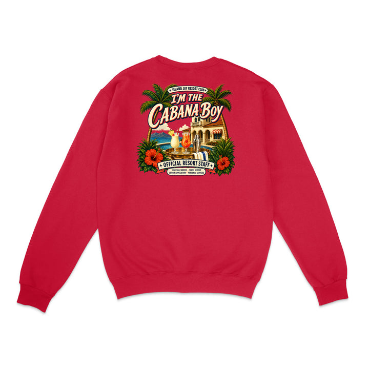 A red crewneck sweatshirt shown from the back, featuring a large, colorful graphic print with palm trees, red hibiscus flowers, a beach scene, and the text 'I'm The Cabana Boy' and 'Official Resort Staff'.