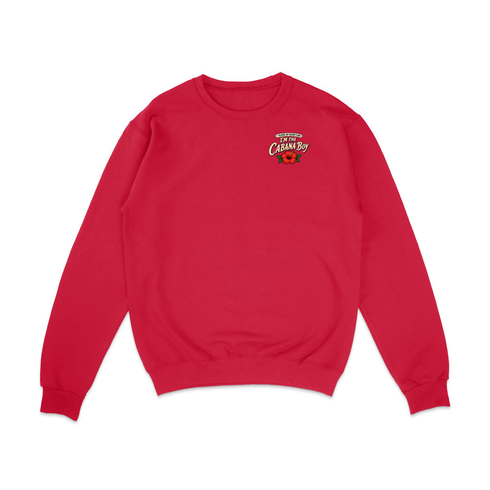 A red crewneck sweatshirt with a small graphic on the left chest reading 'Fighting Cheer Boy' with a red soccer ball, shown on a plain white background.