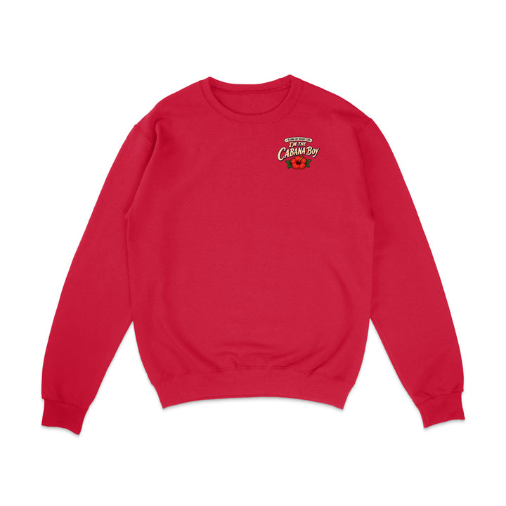 A red crewneck sweatshirt with a small graphic on the left chest reading 'Fighting Cheer Boy' with a red soccer ball, shown on a plain white background.