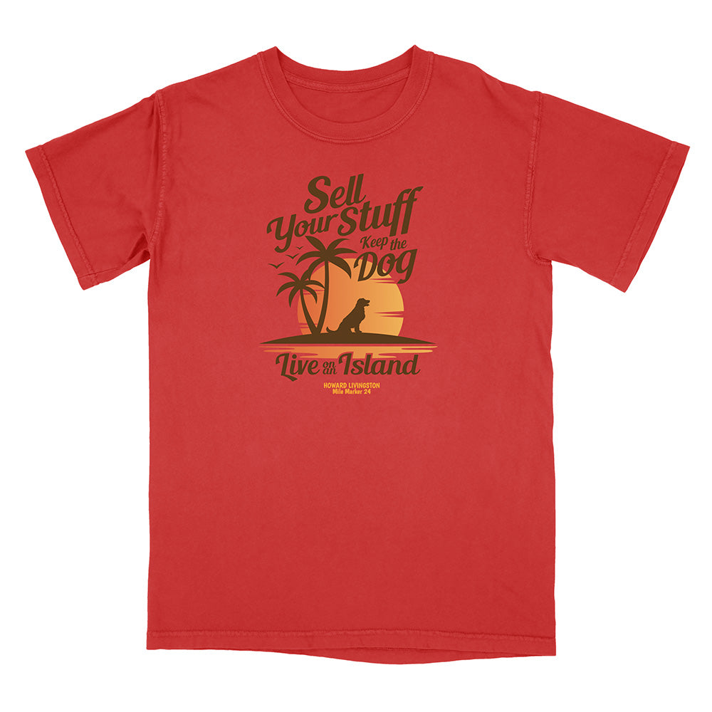 Red t-shirt with a graphic design and text on a white background