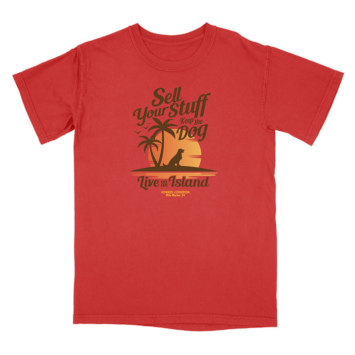 Red t-shirt with a graphic design and text on a white background