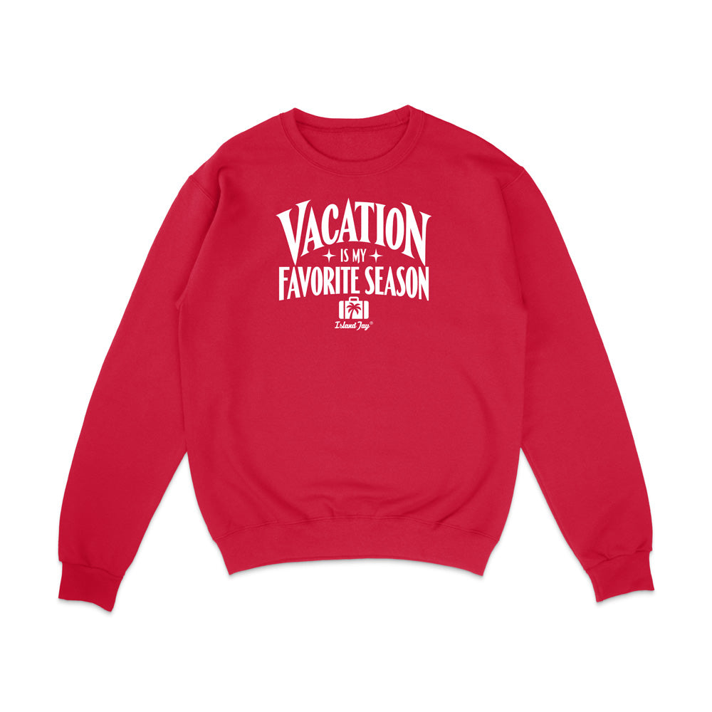 A red crewneck sweatshirt with a white graphic text print reading 'VACATION IS MY FAVORITE SEASON' and a small 'Palmies' logo underneath, displayed on a clean white background.