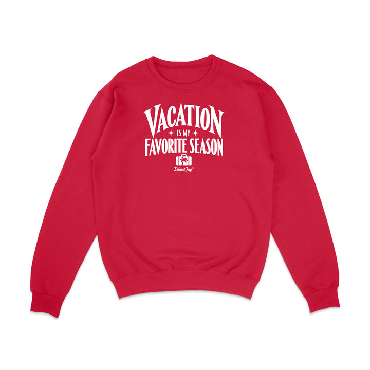 A red crewneck sweatshirt with a white graphic text print reading 'VACATION IS MY FAVORITE SEASON' and a small 'Palmies' logo underneath, displayed on a clean white background.