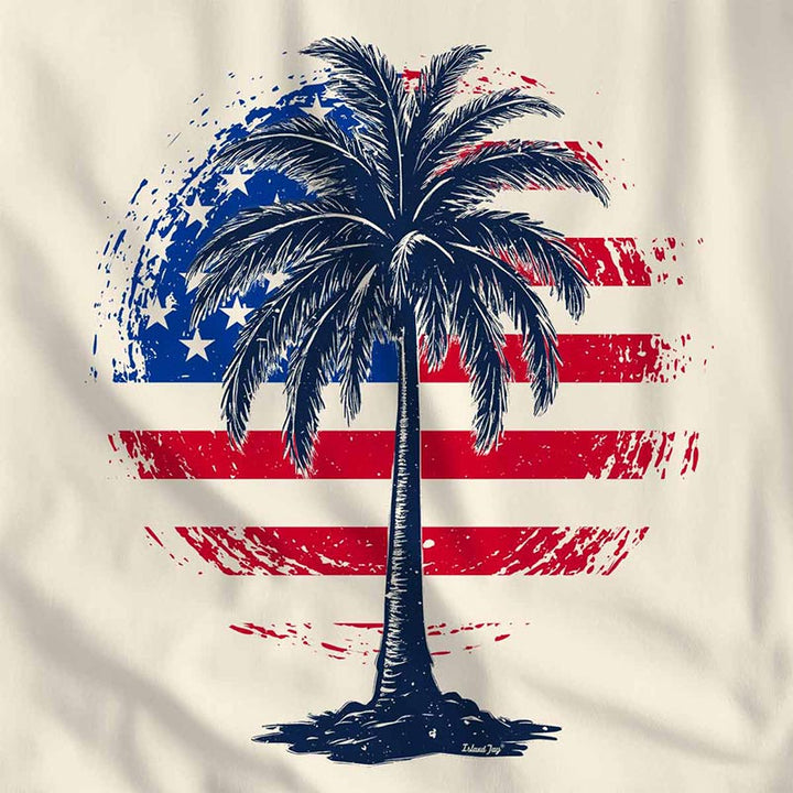 Freedom Shores T-Shirt. Am American Flag mixed with a tropical palm tree.