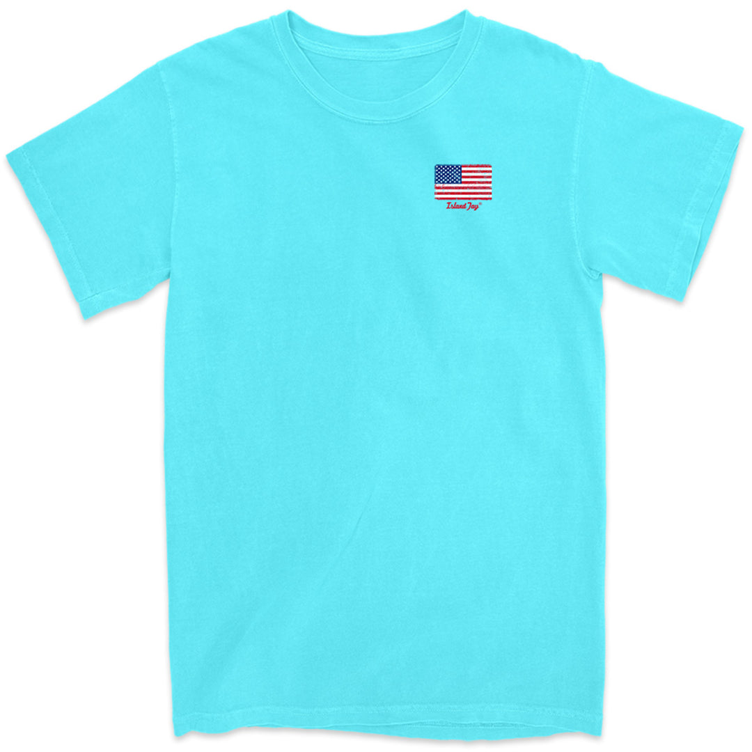USA Flag & Palms T-Shirt Front Lagoon