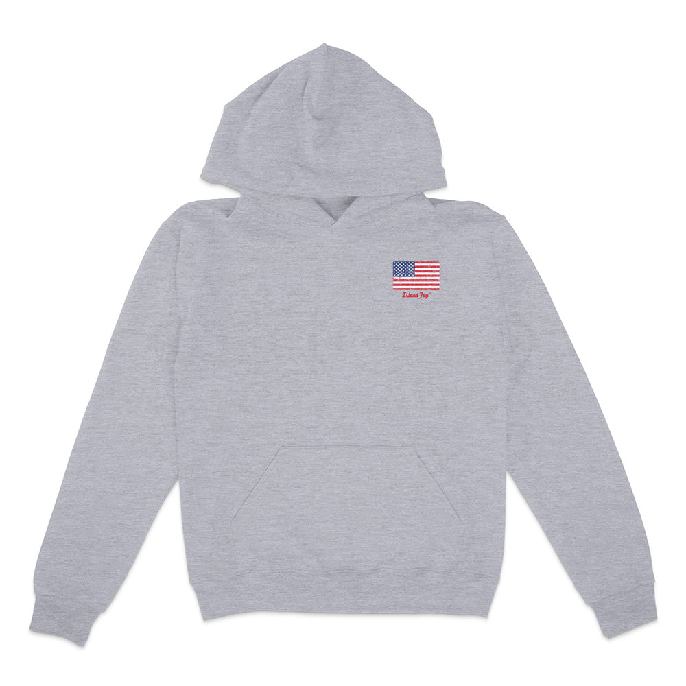 Gray hoodie with an American flag patch on a white background