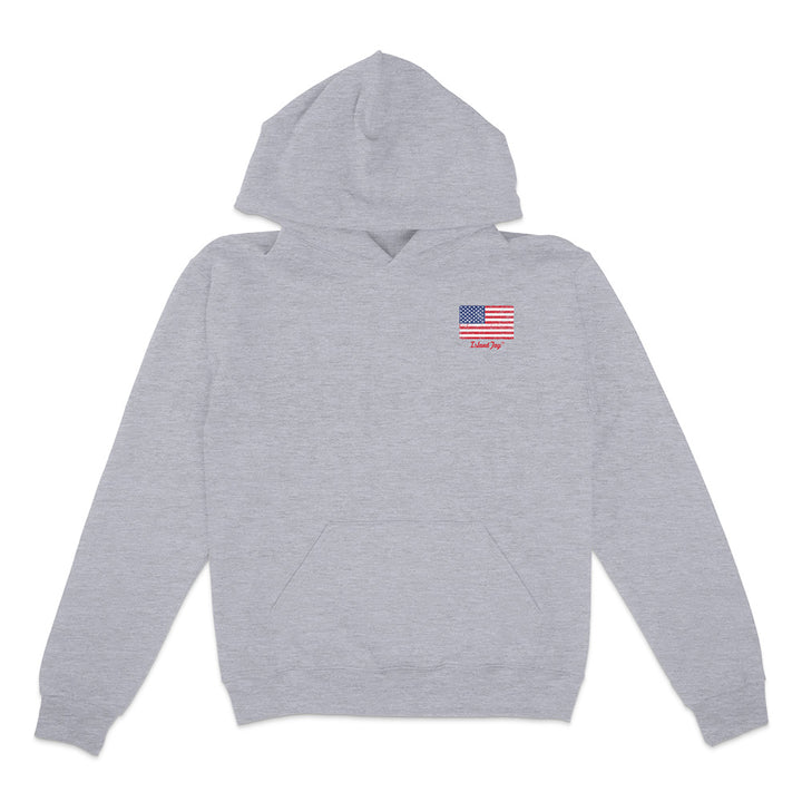 Gray hoodie with an American flag patch on a white background